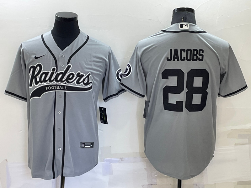 Men's Las Vegas Raiders #28 Josh Jacobs Grey Cool Base Stitched Baseball Jersey